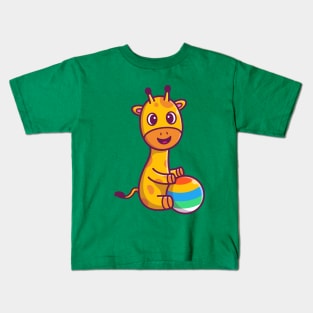 Cute Giraffe Sitting And Playing Ball Cartoon Kids T-Shirt